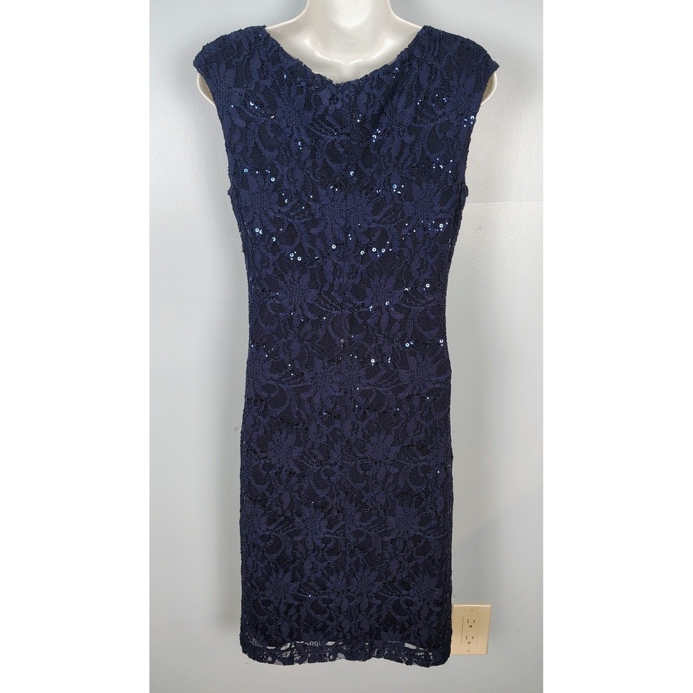 Lauren Ralph Lauren Navy Blue Sequin Floral Lace Cowl Neck Dress Womens 8 party - Picture 11 of 13